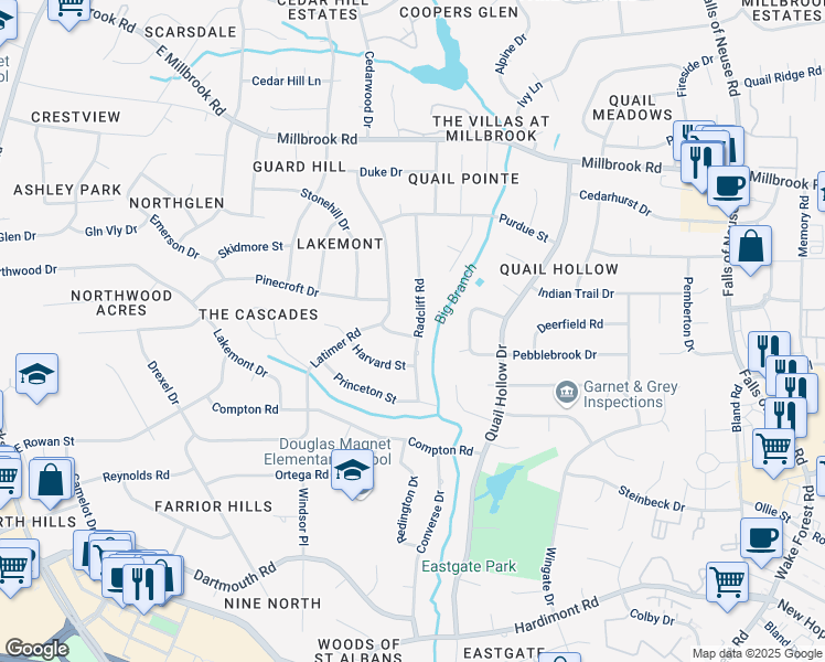 map of restaurants, bars, coffee shops, grocery stores, and more near 4717 Radcliff Road in Raleigh