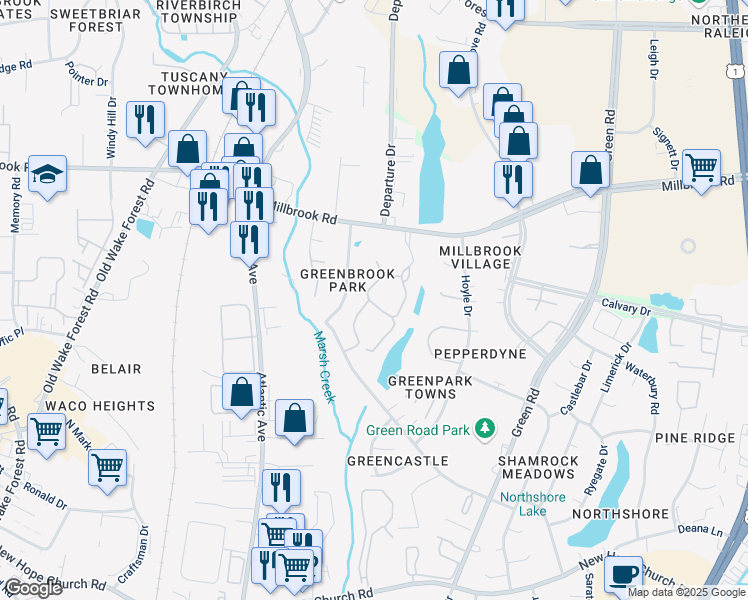 map of restaurants, bars, coffee shops, grocery stores, and more near 4719 Walden Pond Drive in Raleigh
