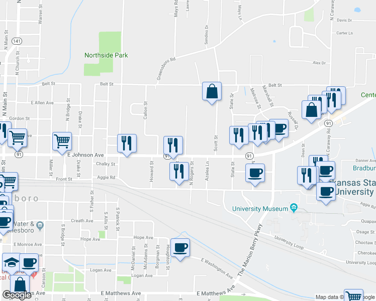 map of restaurants, bars, coffee shops, grocery stores, and more near 1502 East Johnson Avenue in Jonesboro