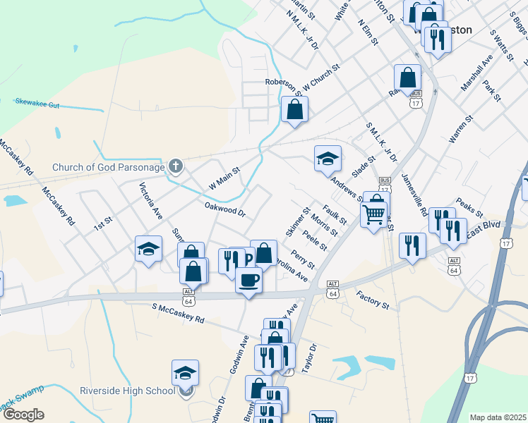map of restaurants, bars, coffee shops, grocery stores, and more near 907 Pinecrest Street in Williamston