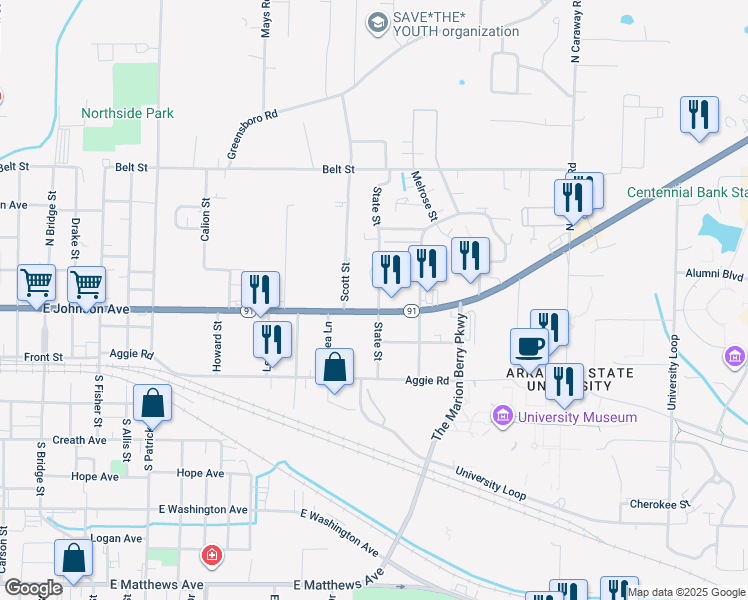 map of restaurants, bars, coffee shops, grocery stores, and more near 201 State Street in Jonesboro