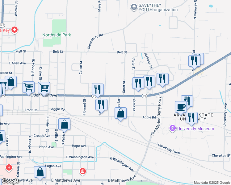 map of restaurants, bars, coffee shops, grocery stores, and more near 1502 East Johnson Avenue in Jonesboro