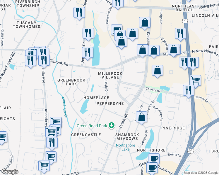 map of restaurants, bars, coffee shops, grocery stores, and more near 4701 Hollowell Lane in Raleigh
