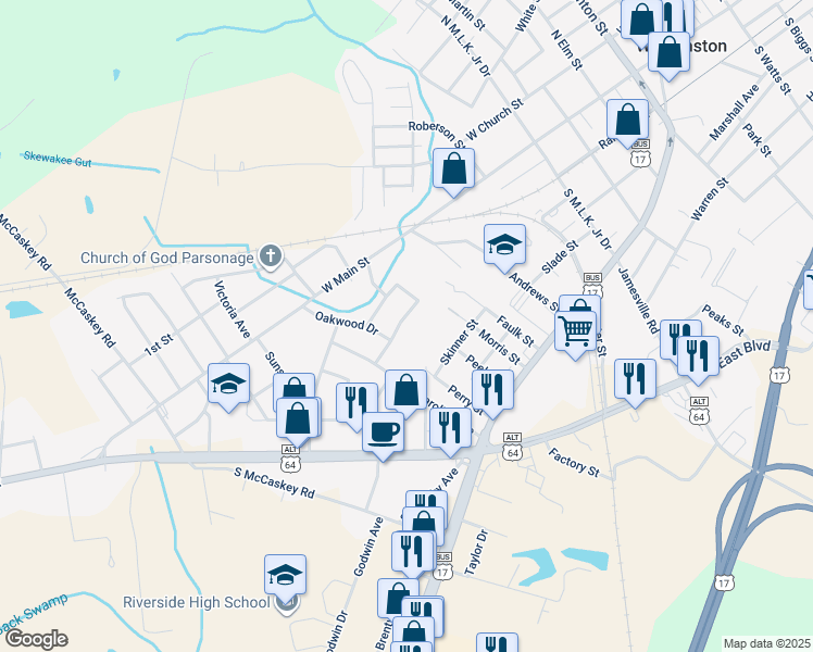map of restaurants, bars, coffee shops, grocery stores, and more near 907 Pinecrest Street in Williamston