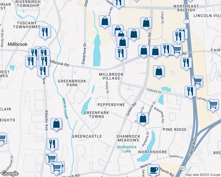 map of restaurants, bars, coffee shops, grocery stores, and more near 4808 Hoyle Drive in Raleigh
