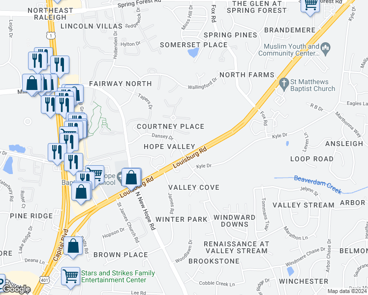 map of restaurants, bars, coffee shops, grocery stores, and more near 4312 Dansey Drive in Raleigh