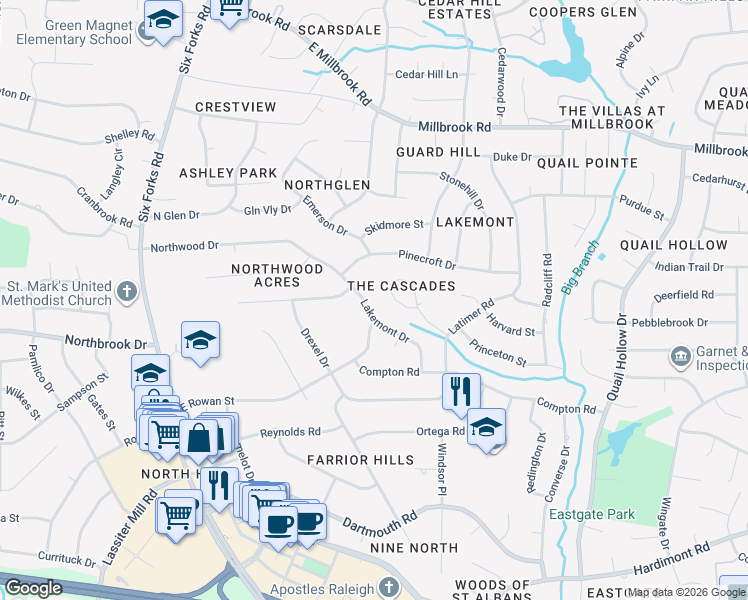 map of restaurants, bars, coffee shops, grocery stores, and more near 4904 Lakemont Drive in Raleigh