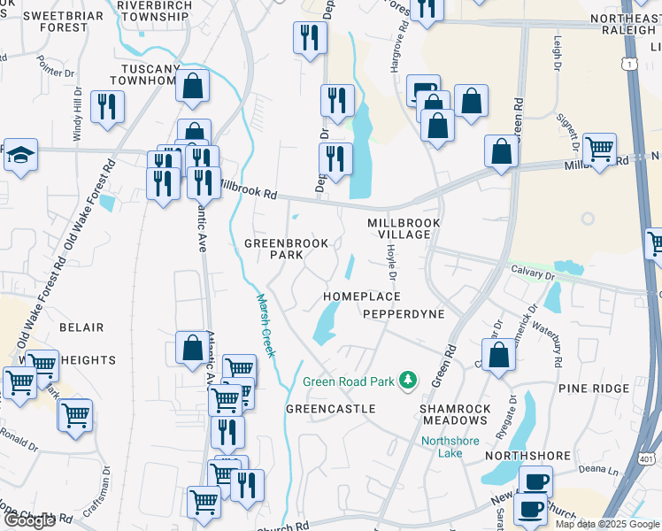 map of restaurants, bars, coffee shops, grocery stores, and more near 4719 Walden Pond Drive in Raleigh