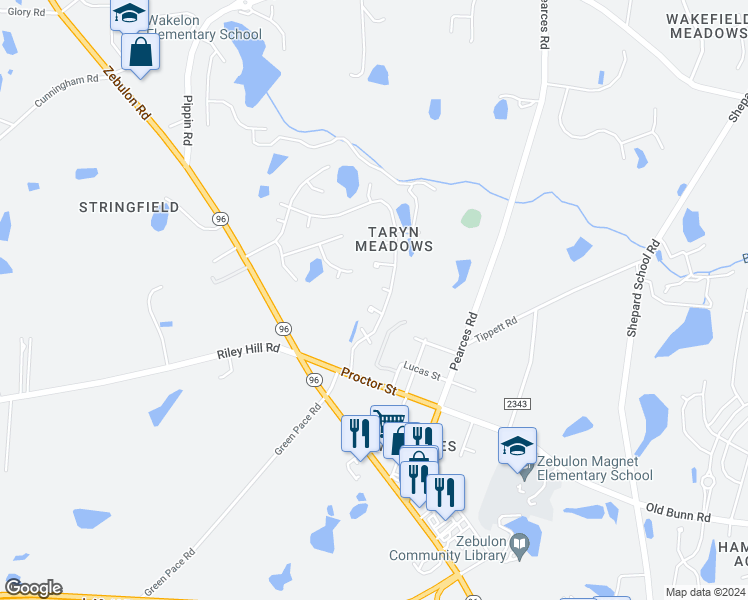 map of restaurants, bars, coffee shops, grocery stores, and more near 4006 Freesia Court in Zebulon
