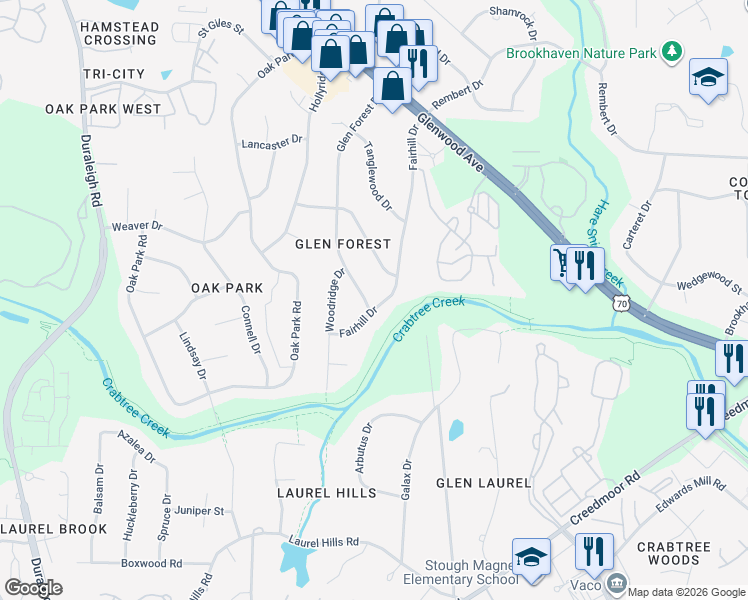 map of restaurants, bars, coffee shops, grocery stores, and more near 4700 Glen Forest Drive in Raleigh