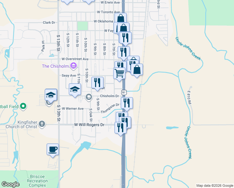 map of restaurants, bars, coffee shops, grocery stores, and more near 104 Chisholm Drive in Kingfisher