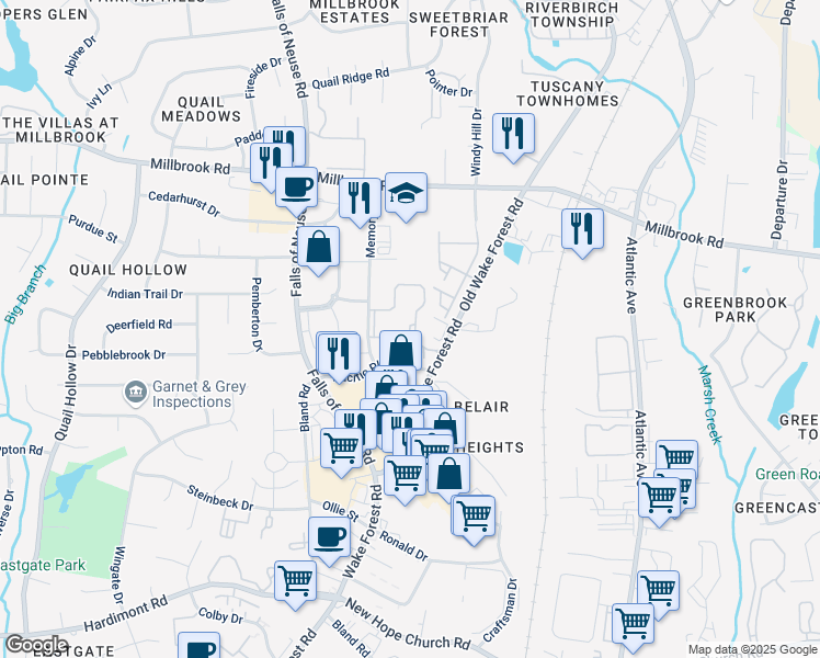 map of restaurants, bars, coffee shops, grocery stores, and more near 1536 Sunbow Falls Lane in Raleigh