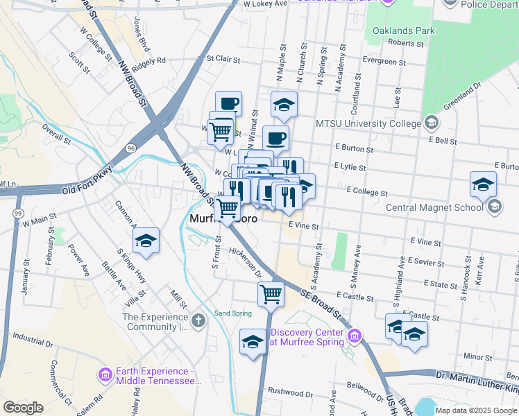 map of restaurants, bars, coffee shops, grocery stores, and more near 1 South Public Square in Murfreesboro