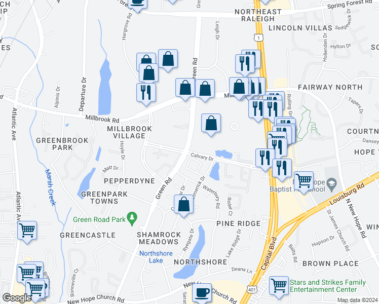 map of restaurants, bars, coffee shops, grocery stores, and more near 3011 Calvary Drive in Raleigh