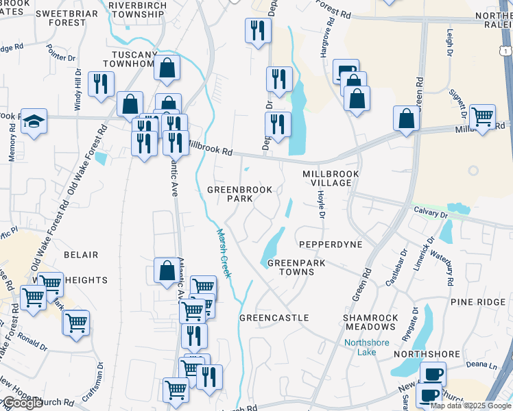 map of restaurants, bars, coffee shops, grocery stores, and more near 4711 Walden Pond Drive in Raleigh