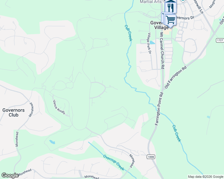 map of restaurants, bars, coffee shops, grocery stores, and more near 73212 Burrington in Chapel Hill