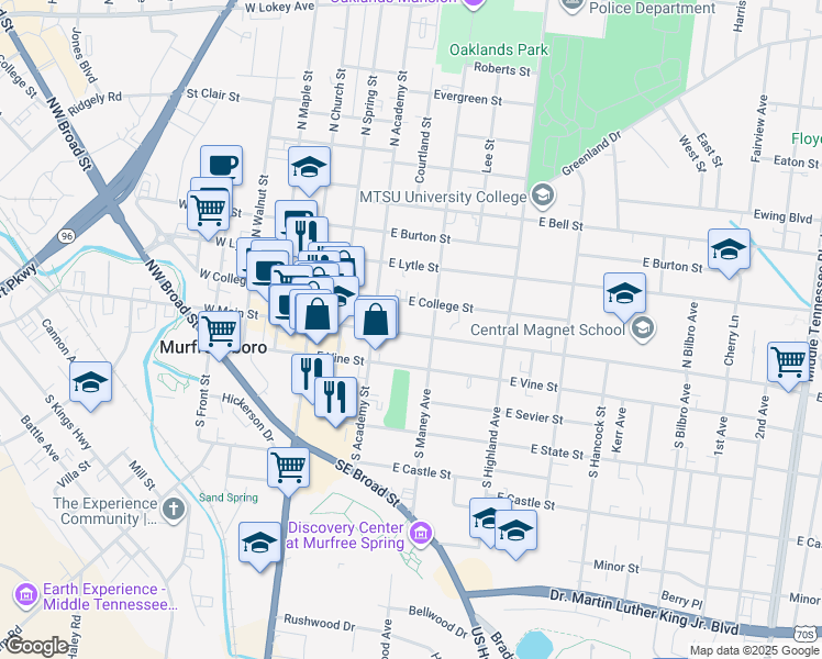 map of restaurants, bars, coffee shops, grocery stores, and more near 320 East Main Street in Murfreesboro