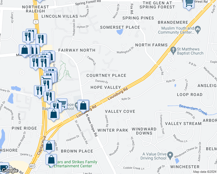 map of restaurants, bars, coffee shops, grocery stores, and more near 4617 Lavista Court in Raleigh