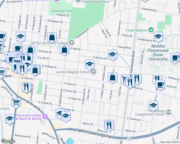 map of restaurants, bars, coffee shops, grocery stores, and more near 701 East Main Street in Murfreesboro