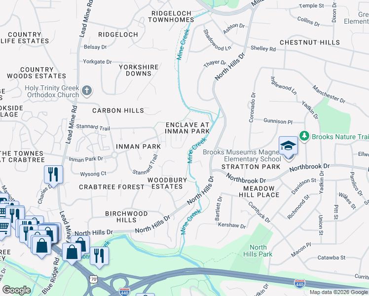 map of restaurants, bars, coffee shops, grocery stores, and more near 4720 Ludwell Branch Court in Raleigh