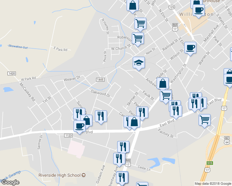 map of restaurants, bars, coffee shops, grocery stores, and more near 909 Pinecrest Street in Williamston