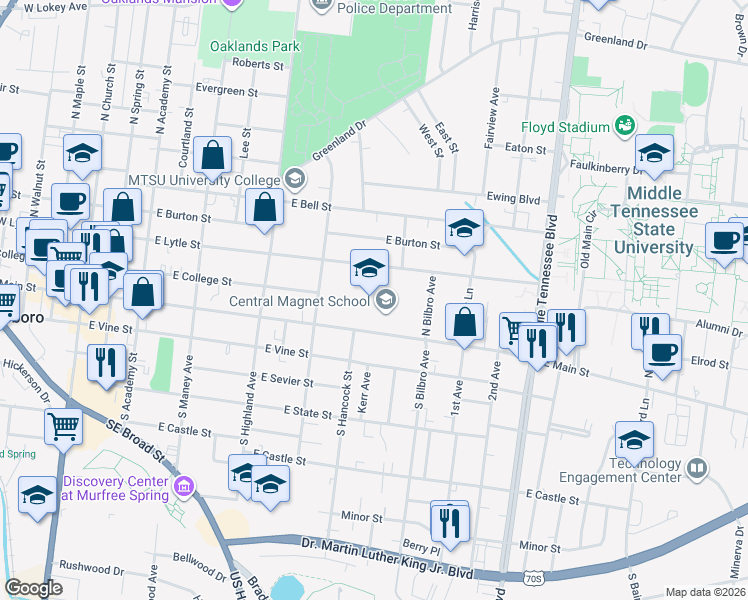 map of restaurants, bars, coffee shops, grocery stores, and more near 701 East Main Street in Murfreesboro