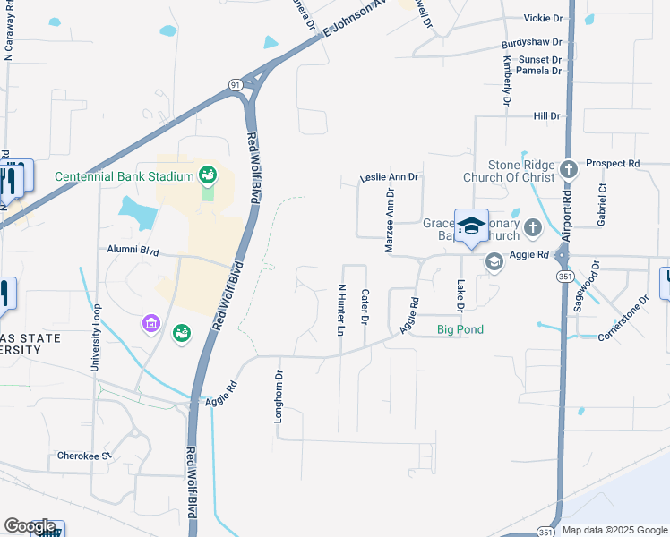 map of restaurants, bars, coffee shops, grocery stores, and more near 207 North Hunter Lane in Jonesboro