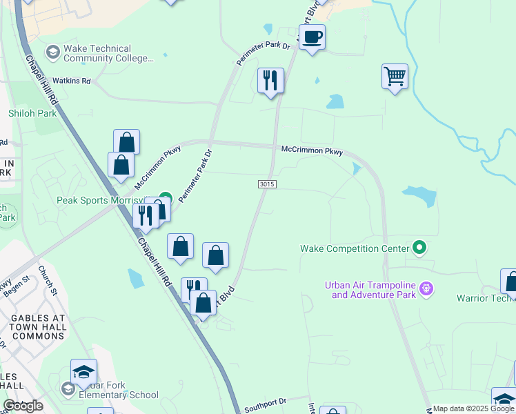 map of restaurants, bars, coffee shops, grocery stores, and more near 3005 Carrington Mill Boulevard in Morrisville
