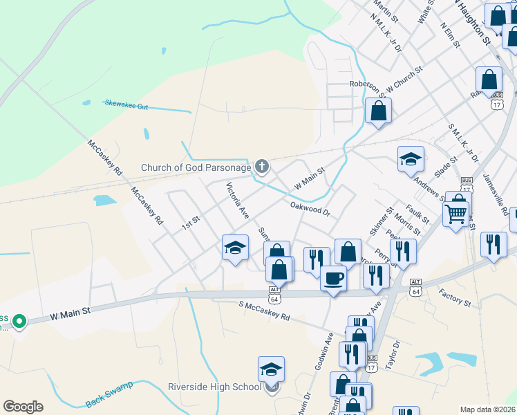 map of restaurants, bars, coffee shops, grocery stores, and more near 1101-1199 State Road 1445 in Williamston