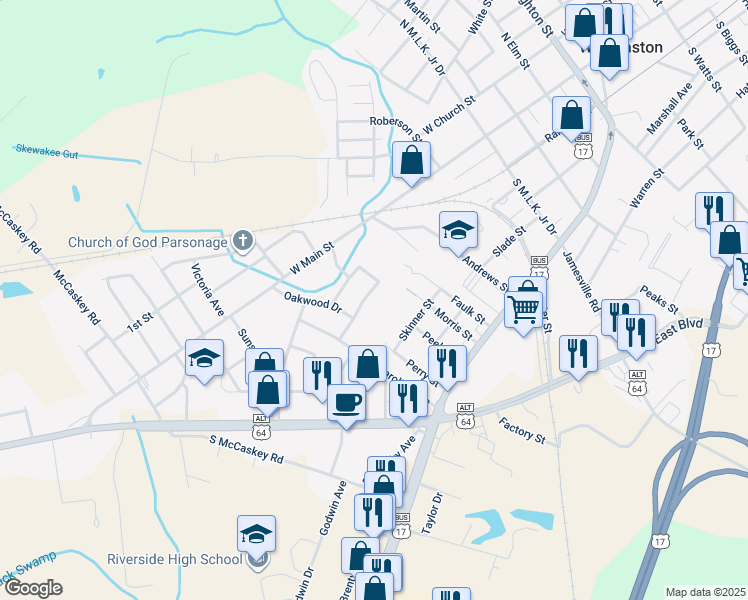 map of restaurants, bars, coffee shops, grocery stores, and more near 905 Pinecrest Street in Williamston