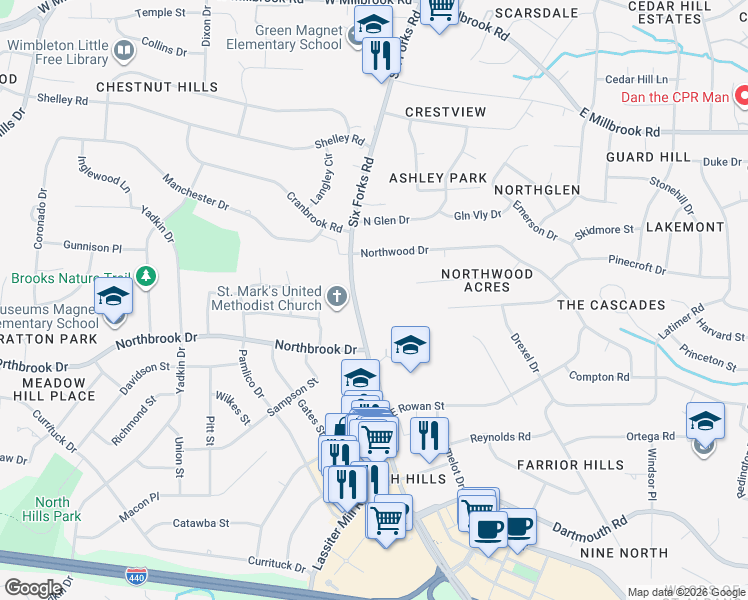 map of restaurants, bars, coffee shops, grocery stores, and more near 4808-4812 Six Forks Road in Raleigh