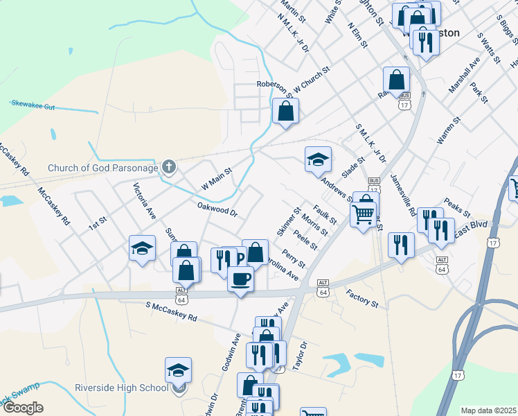 map of restaurants, bars, coffee shops, grocery stores, and more near 905 Pinecrest Street in Williamston