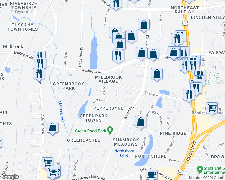 map of restaurants, bars, coffee shops, grocery stores, and more near 4549 Hargrove Road in Raleigh