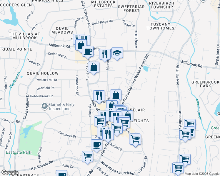 map of restaurants, bars, coffee shops, grocery stores, and more near 4794-4876 Memory Road in Raleigh