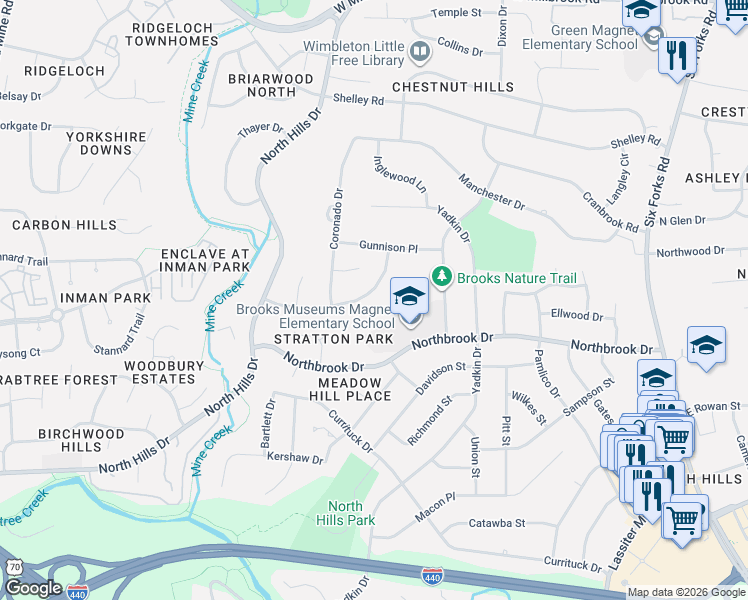 map of restaurants, bars, coffee shops, grocery stores, and more near 1205 Kimberly Drive in Raleigh