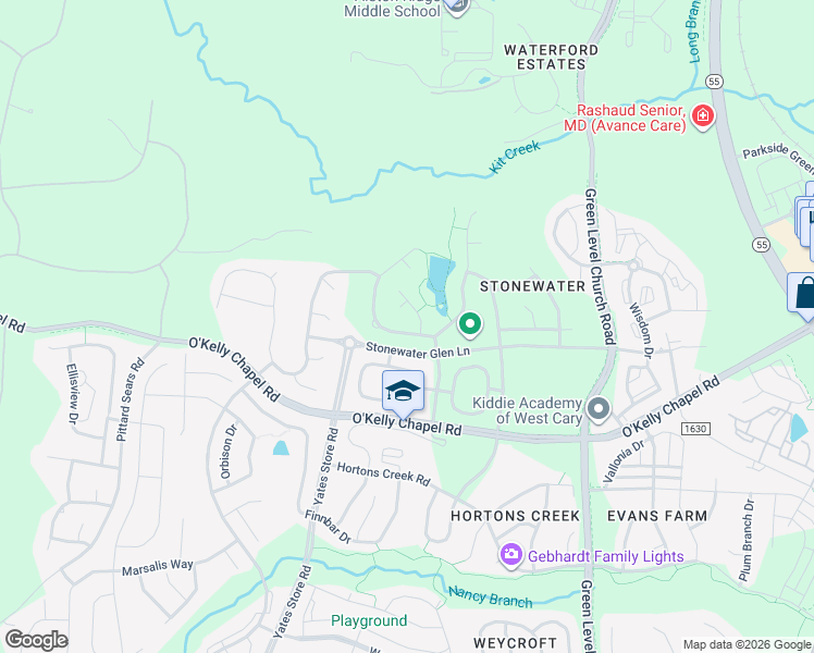 map of restaurants, bars, coffee shops, grocery stores, and more near 829 River Song Place in Cary