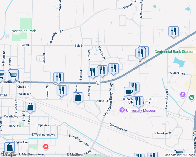 map of restaurants, bars, coffee shops, grocery stores, and more near 1830 East Johnson Avenue in Jonesboro