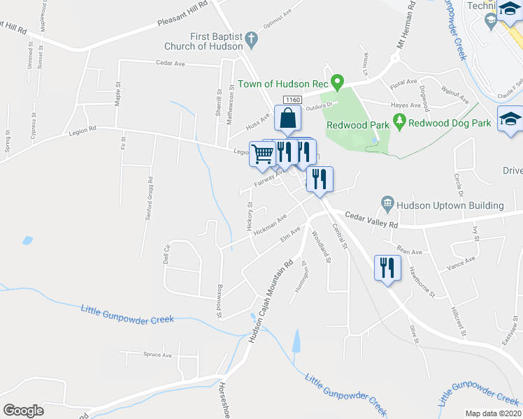 map of restaurants, bars, coffee shops, grocery stores, and more near 517 Hickory Street in Hudson