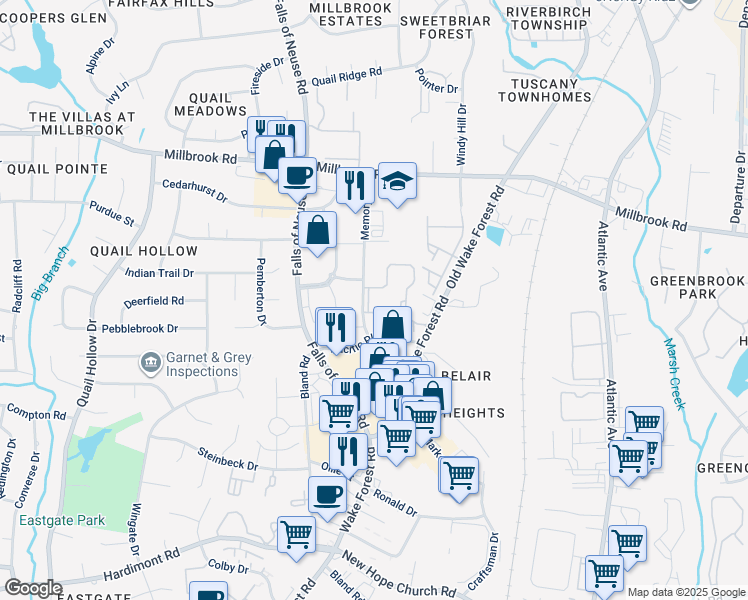 map of restaurants, bars, coffee shops, grocery stores, and more near 1500 Sunbow Falls Lane in Raleigh