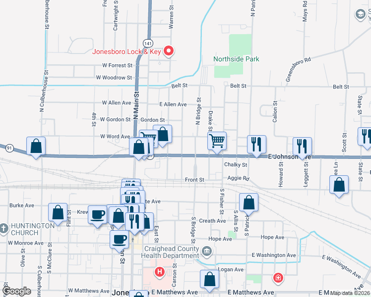 map of restaurants, bars, coffee shops, grocery stores, and more near 500 Arkansas 91 in Jonesboro