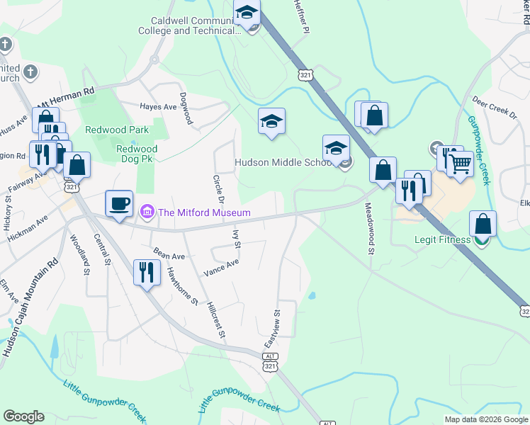 map of restaurants, bars, coffee shops, grocery stores, and more near 227 Cedar Valley Road in Hudson