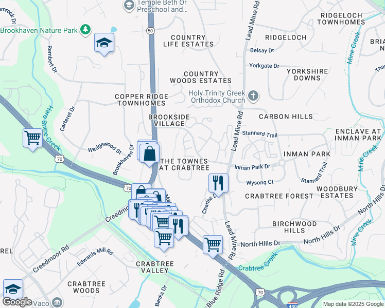 map of restaurants, bars, coffee shops, grocery stores, and more near 2506 Blooming Street in Raleigh