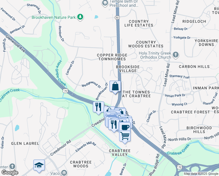 map of restaurants, bars, coffee shops, grocery stores, and more near 4808 Brookhaven Drive in Raleigh