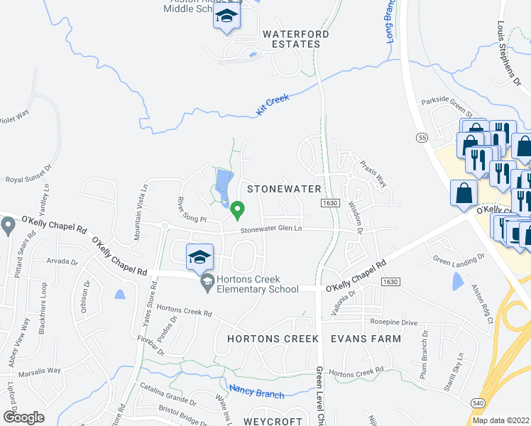 map of restaurants, bars, coffee shops, grocery stores, and more near 1005 Pueblo Ridge Place in Cary