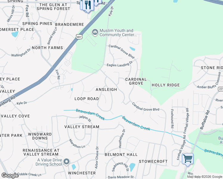 map of restaurants, bars, coffee shops, grocery stores, and more near 5005 Silverdene Street in Raleigh