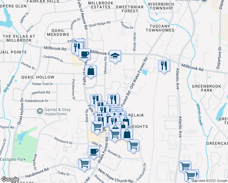map of restaurants, bars, coffee shops, grocery stores, and more near 1536 Sunbow Falls Lane in Raleigh