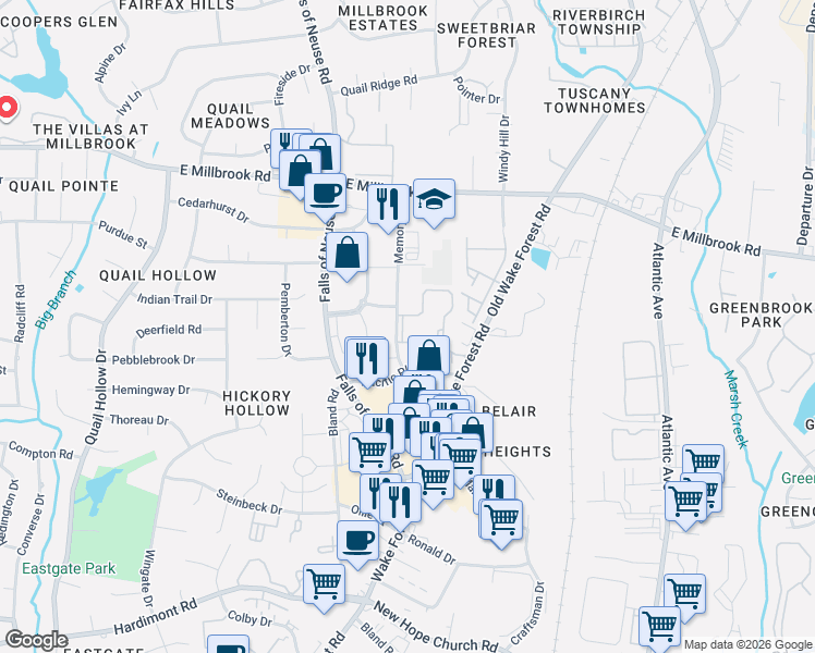 map of restaurants, bars, coffee shops, grocery stores, and more near 1545 Sunbow Falls Lane in Raleigh