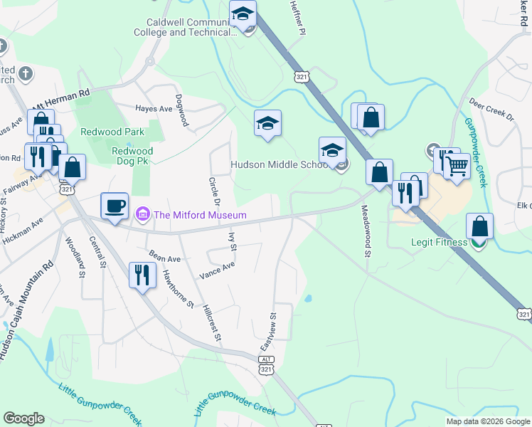 map of restaurants, bars, coffee shops, grocery stores, and more near 227 Cedar Valley Road in Hudson