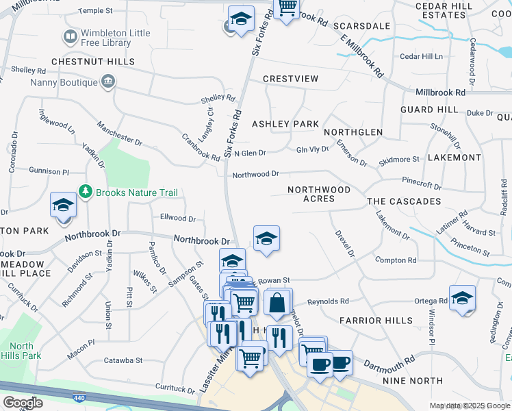 map of restaurants, bars, coffee shops, grocery stores, and more near 4808 Six Forks Road in Raleigh