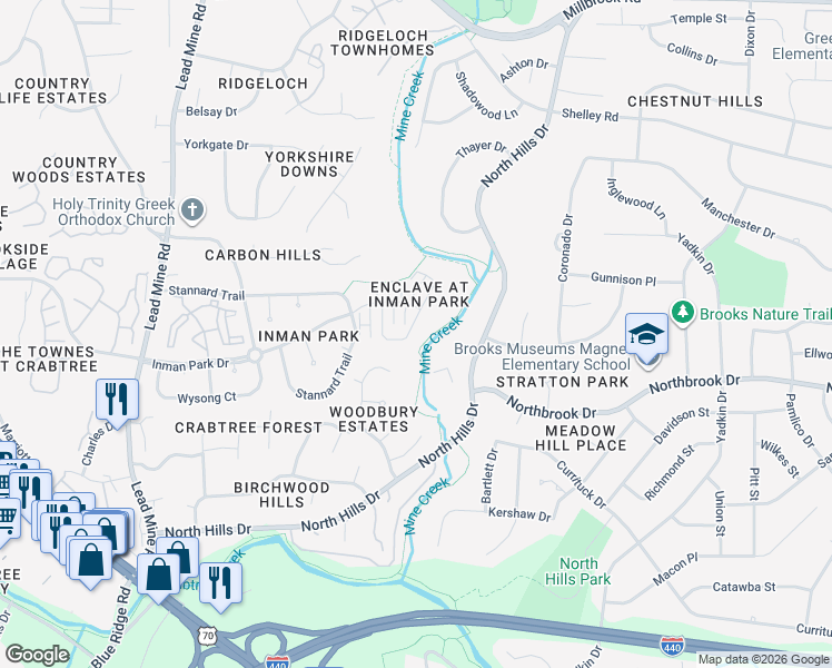 map of restaurants, bars, coffee shops, grocery stores, and more near 4720 Ludwell Branch Court in Raleigh